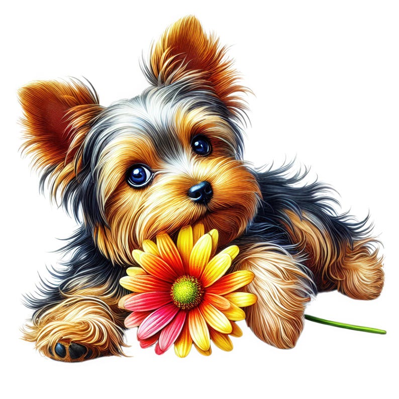 Peut inclure: Un petit chiot Yorkshire Terrier au pelage brun, noir et fauve est couché avec une grande marguerite jaune et rose dans sa gueule. Le chiot regarde directement la caméra.