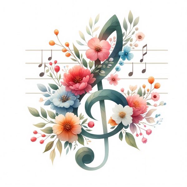 Imágenes prediseñadas de notas musicales florales - 12 JPG de alta calidad - Imágenes prediseñadas de notas musicales, imágenes prediseñadas de acuarela imprimibles, artesanía de papel, diario basura