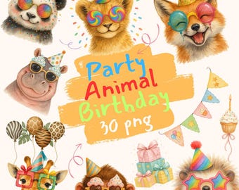 Party Animal Clipart Bundle, Birthday PNG, Commercial Use (Digital Download) Set of 30