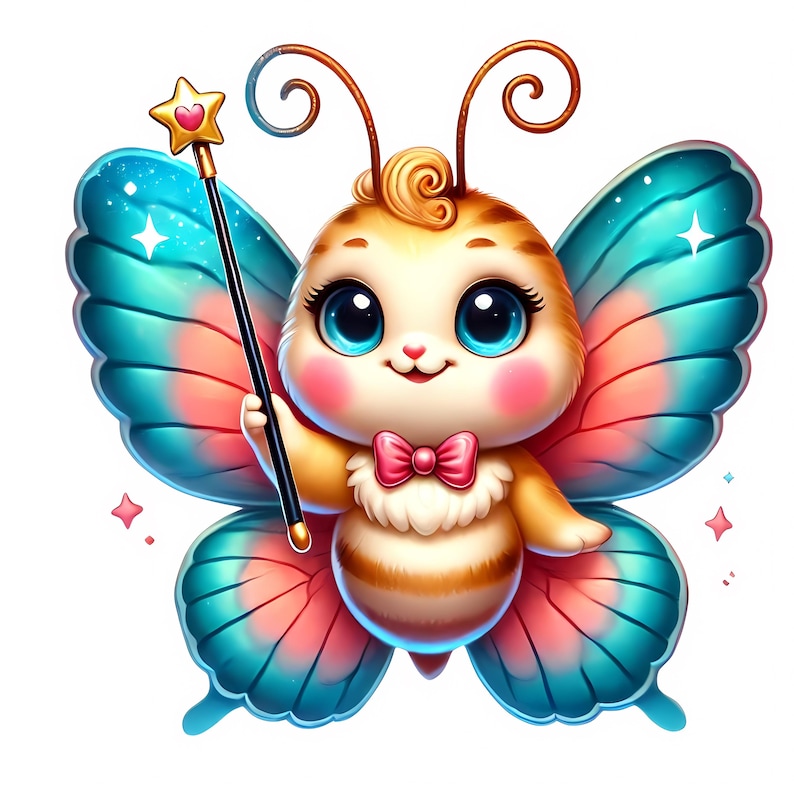 Puede incluir: Una linda mariposa de dibujos animados con alas rosadas y azules, sosteniendo una varita dorada con forma de estrella. La mariposa tiene ojos grandes y azules y una corbata de lazo rosa.