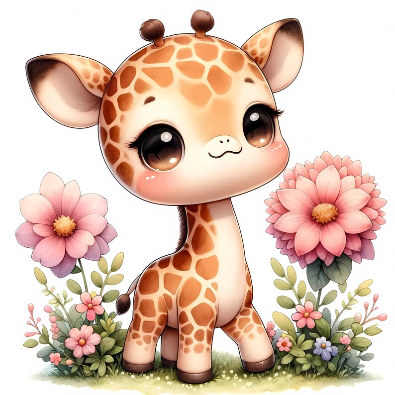 Op de afbeelding: Een schattige cartoon giraffe met grote, expressieve ogen en een gevlekt patroon. De giraffe staat tussen roze bloemen en groen gebladerte, tegen een witte achtergrond. De illustratie heeft een zacht, pastelkleurig kleurenpalet.