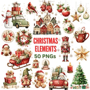 May include: A collection of watercolour illustrations featuring Christmas elements such as a snowman, a vintage car, ornaments, a wreath, Santa Claus, a nutcracker, a gingerbread man, and a Christmas tree. The text "Christmas Elements 50 PNGs" is also included.