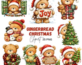 Christmas Teddy Bear Clipart, Whimsical Festive Holiday Graphics (Digital Download) 25 PNG