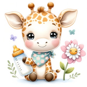 Op de afbeelding: Een schattige cartoon-giraffe met grote bruine ogen en een blauwe bandana houdt een babyfles vast. De giraffe zit op een witte achtergrond met een roze bloem met een gele smiley.