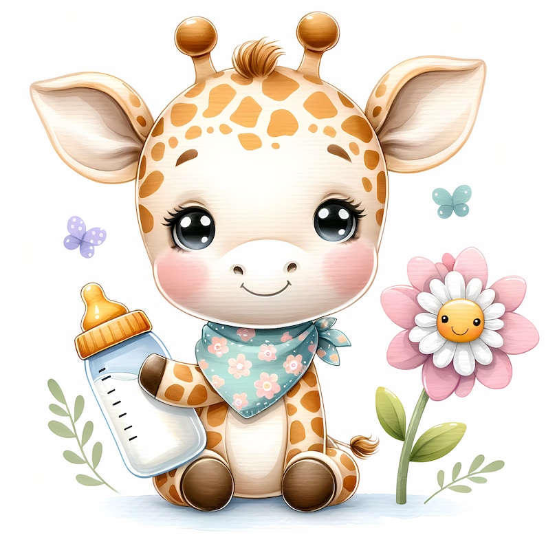 Op de afbeelding: Een schattige cartoon-giraffe met grote bruine ogen en een blauwe bandana houdt een babyfles vast. De giraffe zit op een witte achtergrond met een roze bloem met een gele smiley.