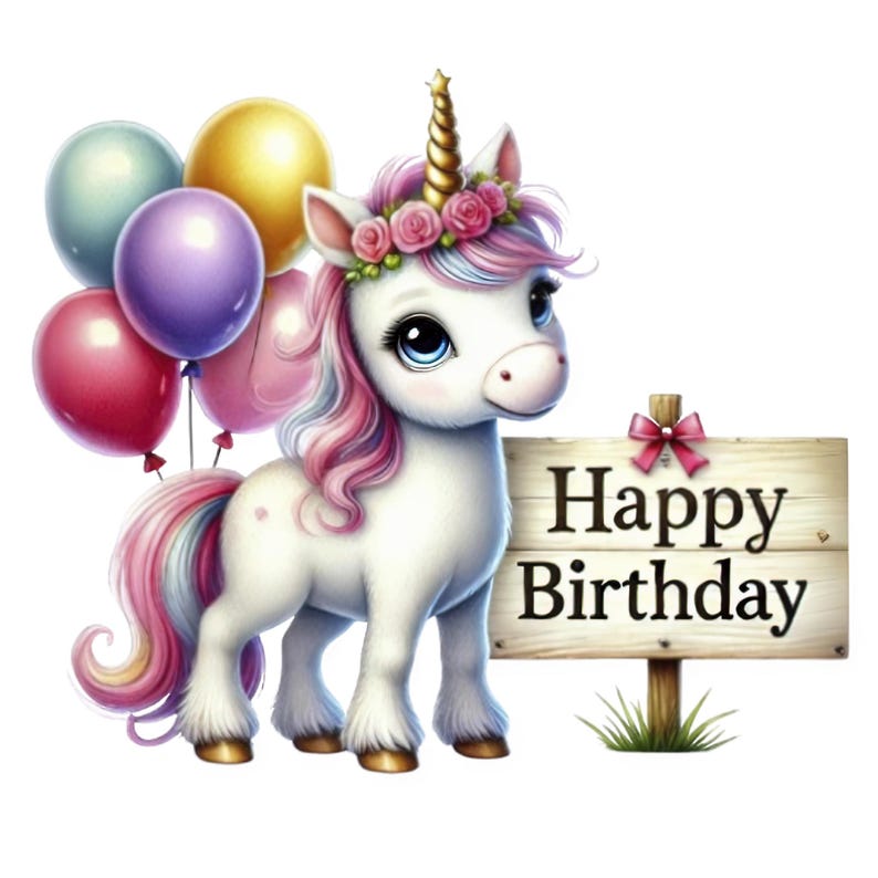 May include: A white unicorn with a pink and blue mane and tail holds a wooden sign that says "Happy Birthday". The unicorn is wearing a pink flower crown and has a gold horn. There are colorful balloons behind the unicorn.