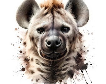May include: A close-up portrait of a spotted hyena with a brown and white coat. The hyena has a serious expression and its fur is highlighted with watercolor-like splashes.