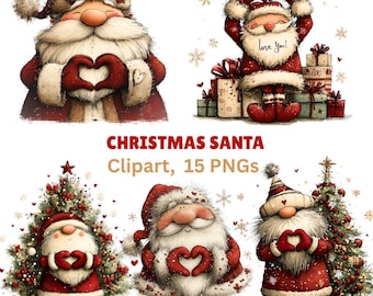 Christmas Love Clipart: Whimsical Holiday Graphics, Adorable Santa Claus (Digital Download - 12 PNGs)