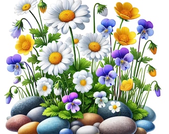 Clipart de flores silvestres em rochas: Arte botânica floral (download digital)