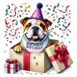 Clipart anniversaire bouledogue britannique | 10 fichiers JPG de haute qualité | Lot anniversaire bouledogue britannique | Art d'anniversaire de chien | Fabrication de cartes | Utilisation commerciale