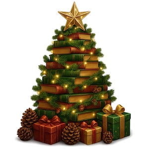 May include: A Christmas tree made of stacked books, adorned with pine boughs, fairy lights, and a gold star topper. Presents with bows and pinecones are at the base. The books are green and red.