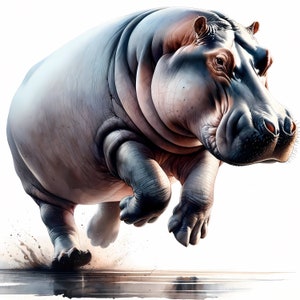 May include: A large, gray hippopotamus running with its mouth open, showing its teeth. The hippo is running on a light brown surface with a small amount of water in the foreground.
