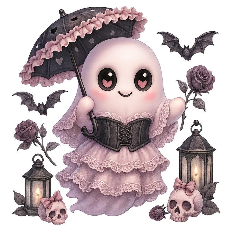 Pastel Goth Ghost Clipart: Kawaii Halloween PNG Graphics (commercial ...