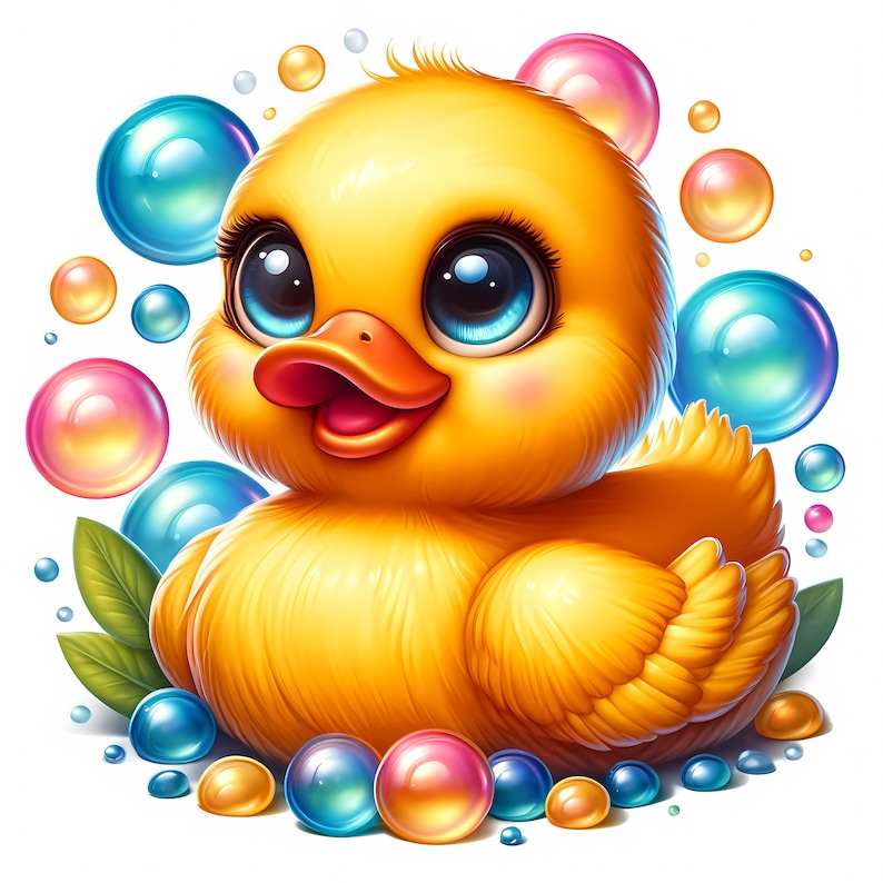 Peut inclure: Un canard en caoutchouc jaune avec de grands yeux bleus et un bec orange vif entour&eacute; de bulles color&eacute;es.