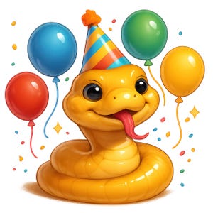 Puede incluir: Ilustración de dibujos animados de una serpiente amarilla con un gorro de fiesta y sacando la lengua. La serpiente está rodeada de globos rojos, azules, verdes y amarillos, con confeti y estrellas.