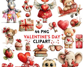 May include: A collection of 44 PNG Valentine's Day clipart images. The images include a donkey, angel, teddy bear in a plane, mouse, ladybug, bee, elephant, and other Valentine's Day themed objects. The color palette is primarily red, pink, and white.