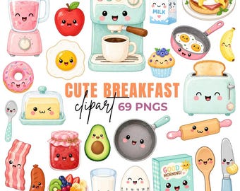 Adorable Breakfast Clipart, Kawaii Breakfast Food Graphics (Digital Download) 69 PNGs