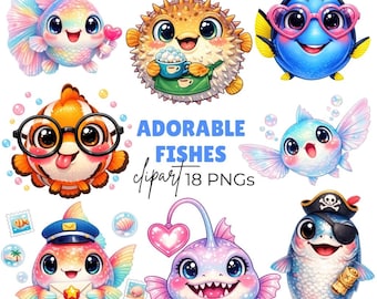Clipart de Peixes Kawaii, Adoráveis Ilustrações de Animais Marinhos do Oceano (Download Digital – 18 PNGs)