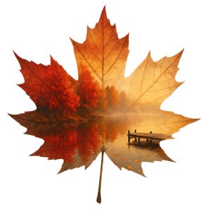 May include: A large, stylized maple leaf in shades of orange and red, with a scenic landscape inside. The landscape depicts a lake, trees, and a small jetty, all reflecting the colours of autumn. The leaf is set against a white background.