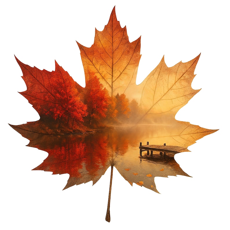May include: A large, stylized maple leaf in shades of orange and red, with a scenic landscape inside. The landscape depicts a lake, trees, and a small jetty, all reflecting the colours of autumn. The leaf is set against a white background.