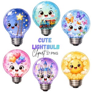 May include: Six lightbulb illustrations with faces, featuring a blue bulb with a star and ladder, a blue bulb with a train, a blue bulb with butterflies, a pink bulb with heart balloons, a purple bulb with a castle, and a yellow sun bulb. Text reads CUTE LIGHTBULB Clipart 17 PNG.