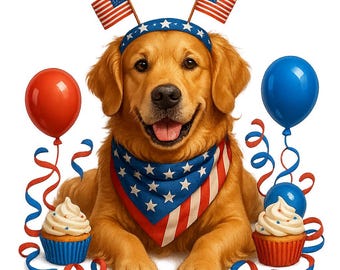 Klipart z wizerunkiem golden retrievera z okazji 4 lipca: Patriotyczny pies w formacie PNG (do pobrania cyfrowego, zestaw 12 sztuk)