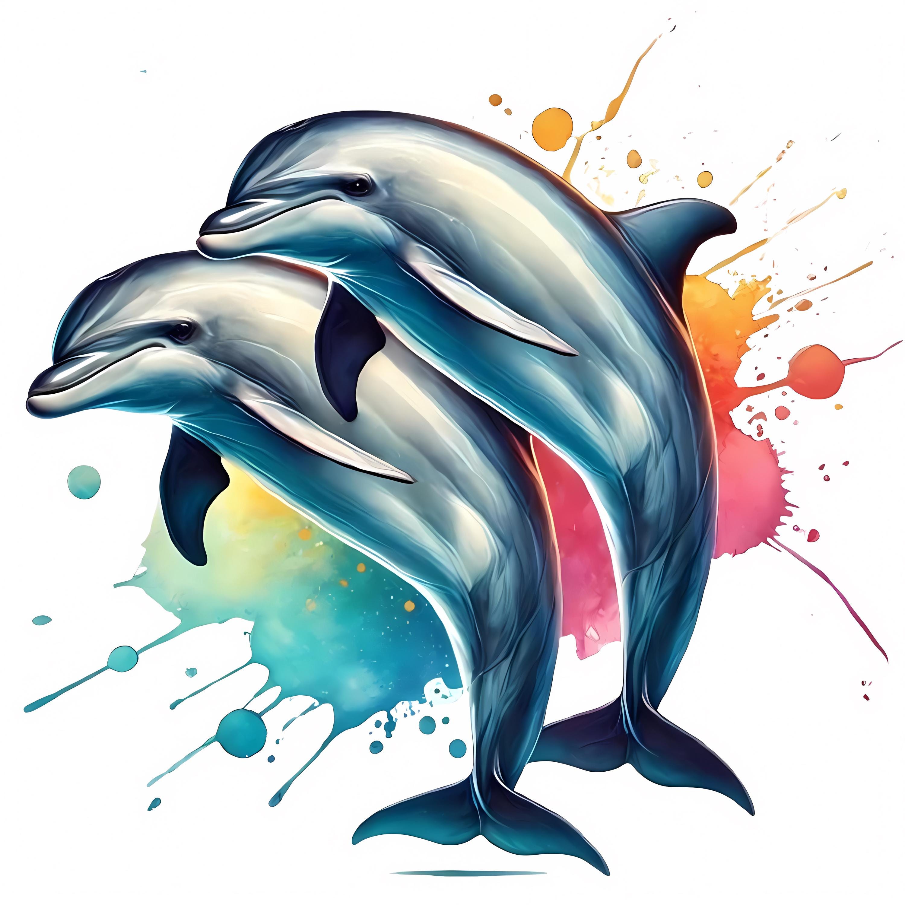 【WAIKEI】Watercolor Puppydolphin Jumping フーディー ２色 Two dolphins jumping through heart-shaped waves. Watercolor