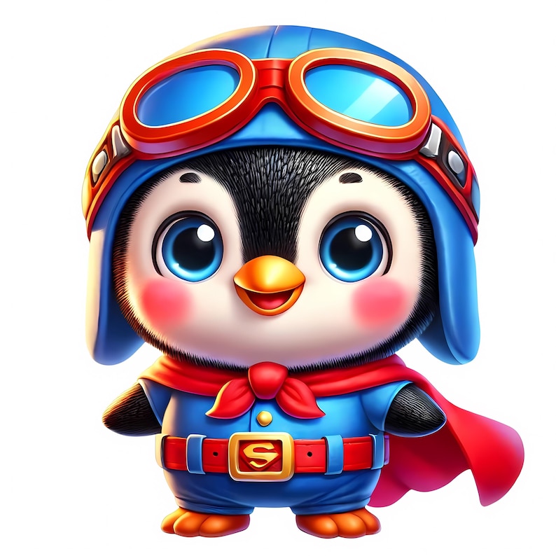 May include: A cartoon penguin wearing a blue helmet with goggles, a red scarf, and a blue jumpsuit with a red belt and a gold buckle with a letter 'S'. The penguin is also wearing a red cape.