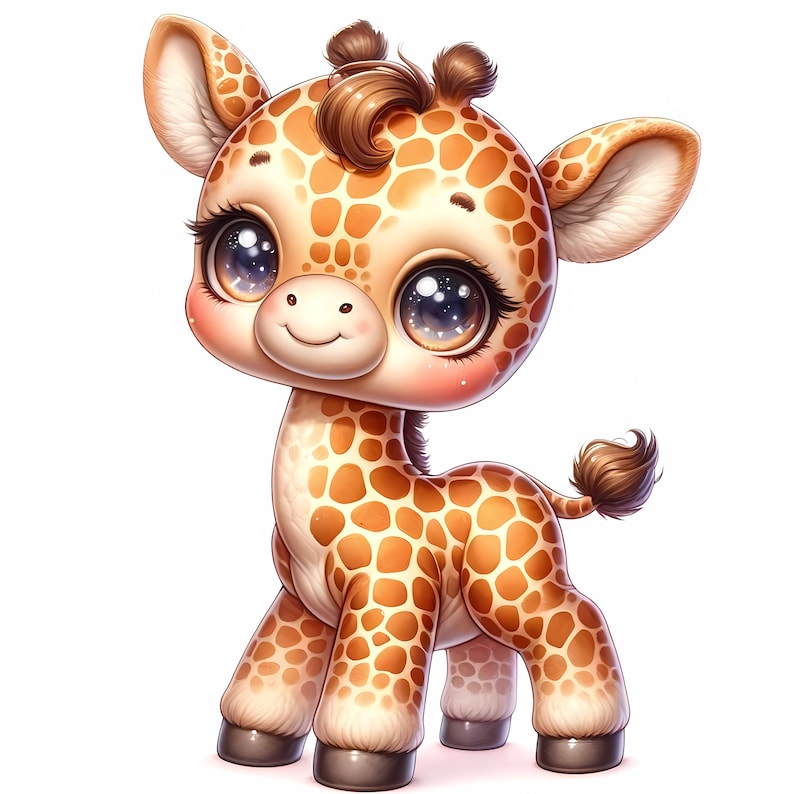 Op de afbeelding: Een schattige cartoon giraffe met grote, sprankelende ogen en een zachte glimlach. De giraffe heeft een lichtbruine vacht met donkerbruine vlekken, een kleine haarlok en een pluizige staart. De afbeelding staat tegen een witte achtergrond.