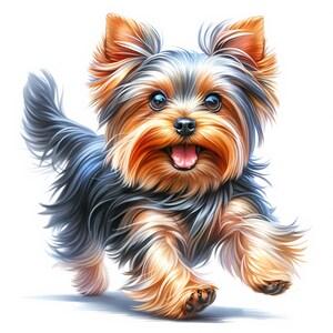 May include: A small Yorkshire Terrier dog with brown and black fur is running towards the camera with its tongue sticking out. The dog has a happy expression on its face.