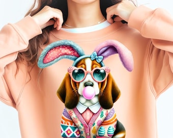 May include: A pink sweatshirt with a cartoon illustration of a dog wearing bunny ears, sunglasses, and a pink sweater with Easter eggs. The dog is blowing a pink bubble.