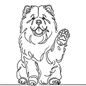 May include: Line drawing of a Chow Chow dog sitting with its paw raised in a friendly gesture. The dog has a fluffy coat and a happy expression.