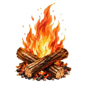 Könnte beinhalten: Aquarell-Illustration eines Lagerfeuers mit hellorangen und gelben Flammen, die über gekreuzten Baumstämmen auflodern. Die Baumstämme sind braun mit sichtbarer Holzmaserung, und die Basis umfasst dunkle Holzkohle und kleine Glut.