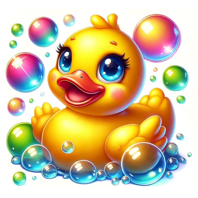 May include: A yellow rubber duck with large blue eyes and a pink blush, surrounded by colourful bubbles. The duck is smiling and has its wings outstretched.