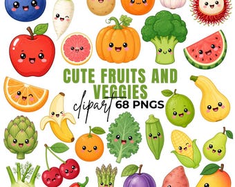 Adorable Fruits and Veggies Clipart, Kawaii Food Graphics (Digital Download) 68 PNGs