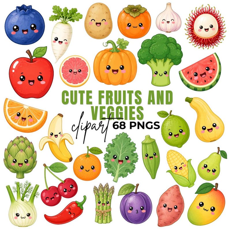 Adorable Fruits And Veggies Clipart Kawaii Food Graphics digital adorable-fruits-and-veggies-clipart-kawaii-food-graphics-digital