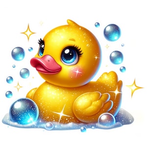 May include: A yellow rubber duck with sparkly glitter, big blue eyes, and a pink beak, surrounded by blue soap bubbles.