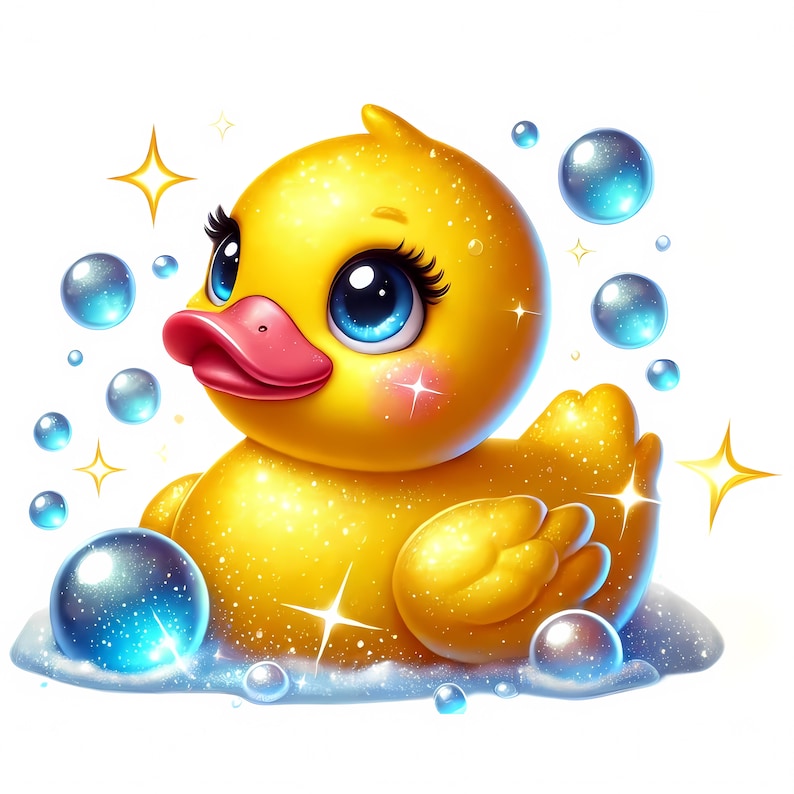 May include: A yellow rubber duck with sparkly glitter, big blue eyes, and a pink beak, surrounded by blue soap bubbles.