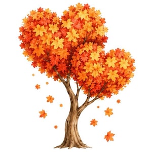 Peut inclure: Un arbre au tronc et aux branches marron avec une canopée dense de feuilles d'automne aux teintes vives rouge, orange et jaune. Le feuillage est formé en deux cœurs distincts, avec plusieurs feuilles individuelles tombant en dessous.