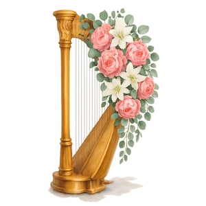 10 Floral Harp Clipart, Elegance Flowers Harp Bundle PNG, Paper Craft, Sublimation Design, Watercolor, Junk Journals, High Quality PNG