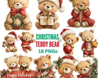 Christmas Teddy Bear Clipart: Festive Holiday Graphics (Digital Download) 18 PNG