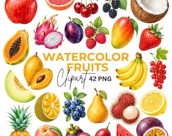 Clipart de frutas em aquarela: morango, cítricos, maçã e pera. Frutas de verão, decoração de cozinha (download digital)