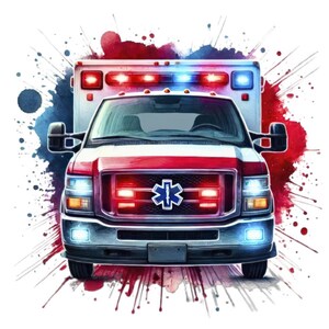 May include: A red and white ambulance with a blue star of life emblem on the front. The ambulance is surrounded by red and blue watercolor splatters.