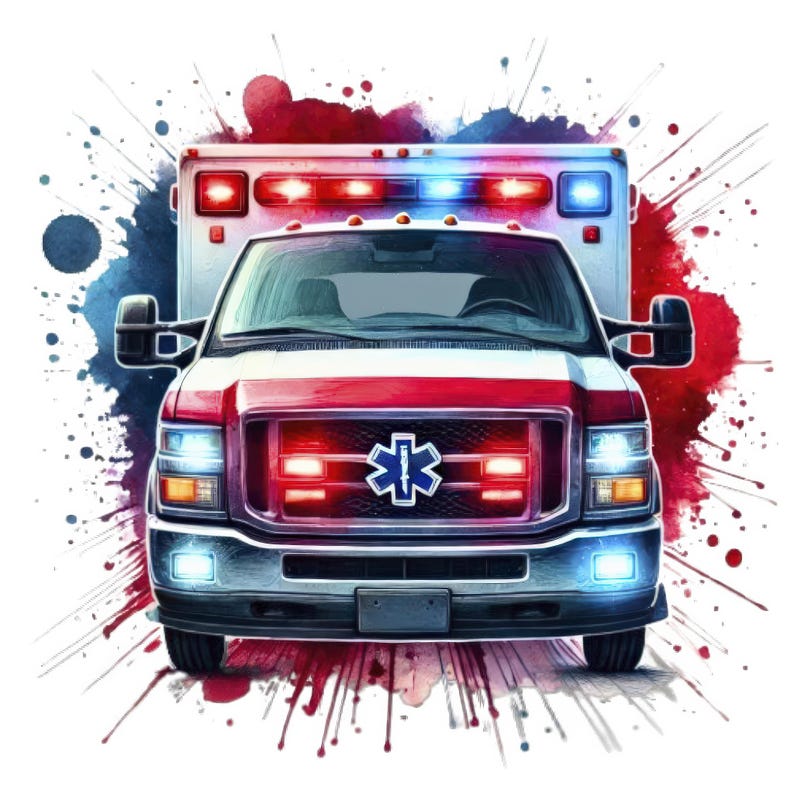 May include: A red and white ambulance with a blue star of life emblem on the front. The ambulance is surrounded by red and blue watercolor splatters.