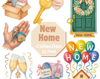 23 New Home Clipart Bundle, Housewarming PNG, Moving Day (Digital Download)