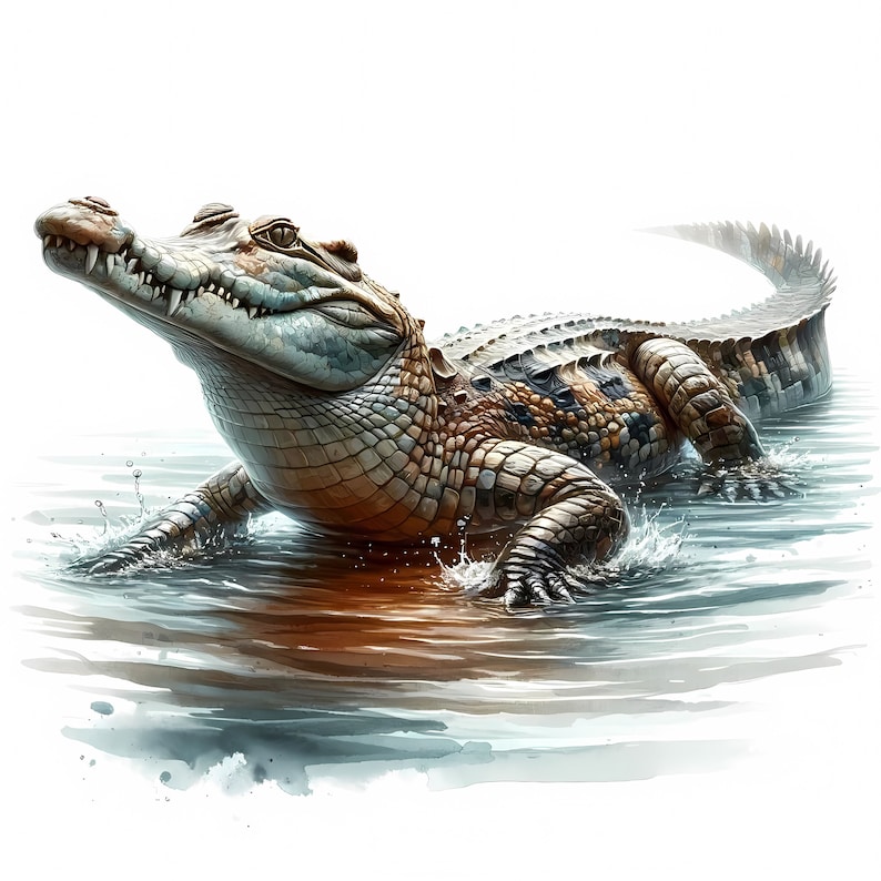 May include: A large crocodile with brown and green scales is swimming in a shallow body of water. The crocodile has its mouth open and its teeth are visible. The water is clear and the bottom of the water is visible.