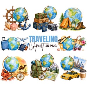 May include: Watercolour illustrations of travel-themed items. Includes globes, suitcases, a camera, a tent, a compass, a backpack, a taxi, and other travel accessories. The text "TRAVELING Clipart 15 PNG" is also present.