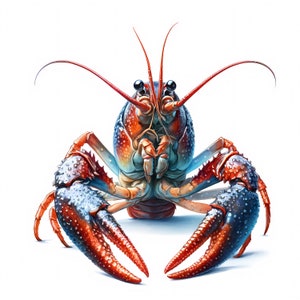 May include: A close-up of a red and blue crayfish with its claws extended forward. The crayfish has a mottled blue and black body with red accents on its claws and antennae.