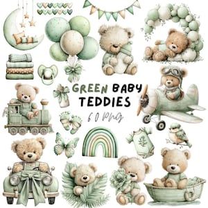 Pode incluir: Uma coleção de ilustrações em aquarela com ursinhos de pelúcia, balões, um trem, um carro, um avião e outros elementos com tema de bebê em tons de verde e bege. O texto "GREEN BABY TEDDIES 60 PNG" também está incluído.