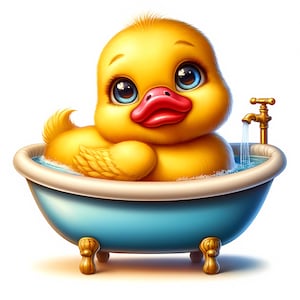Peut inclure: Un canard en caoutchouc jaune prend un bain dans une baignoire bleue avec des pieds dor&eacute;s. Un robinet dor&eacute; coule de l'eau dans la baignoire.